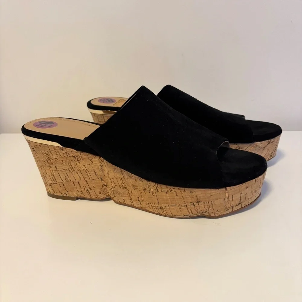 Marc Fisher Suede Leather Chunky Cork Platform Wedge Heel Sandals Black US 8.5